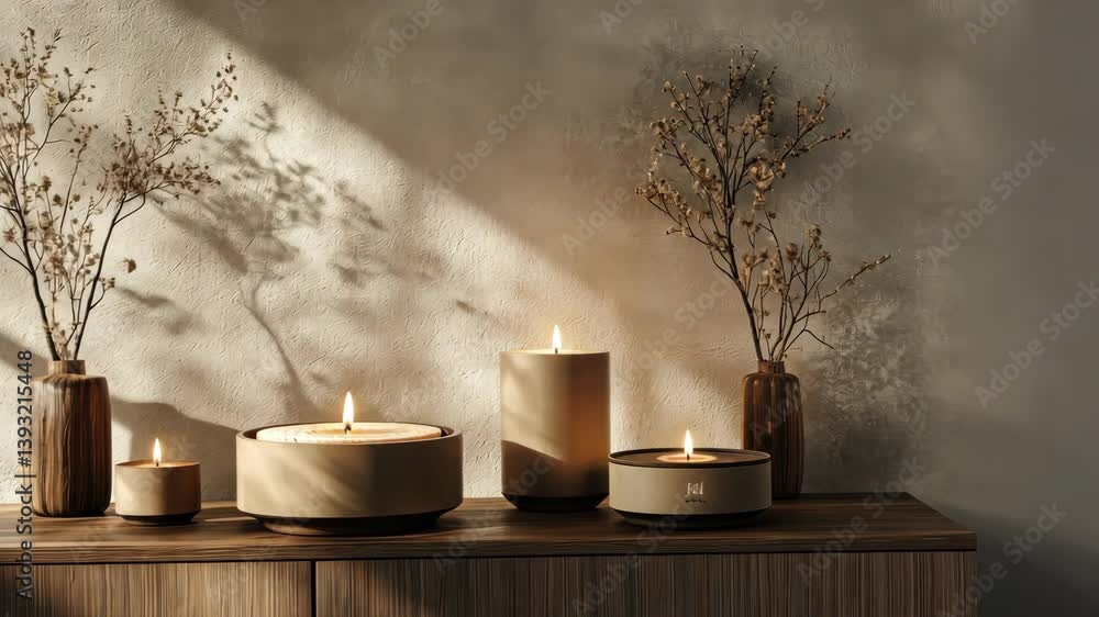 Poster minimalist sideboard styled with a mocha mousse candle set and sleek decorative objects.
