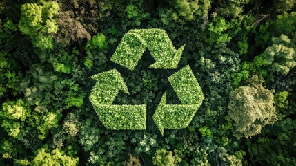 Green recycling symbol growing in lush forest promotes environmental awareness