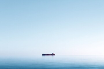Obraz premium solitary cargo ship navigates smoothly across vast serene ocean under cloudless sky leaving ample copy space above