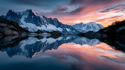 Obraz premium The alpine landscape with snow-covered peaks and a beautiful sunset creating soft pink and orange hues across the sky, reflected on a calm lake.