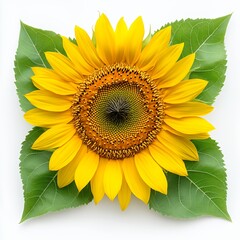 Obraz premium Vibrant Yellow Sunflower with Green Leaves on White Background
