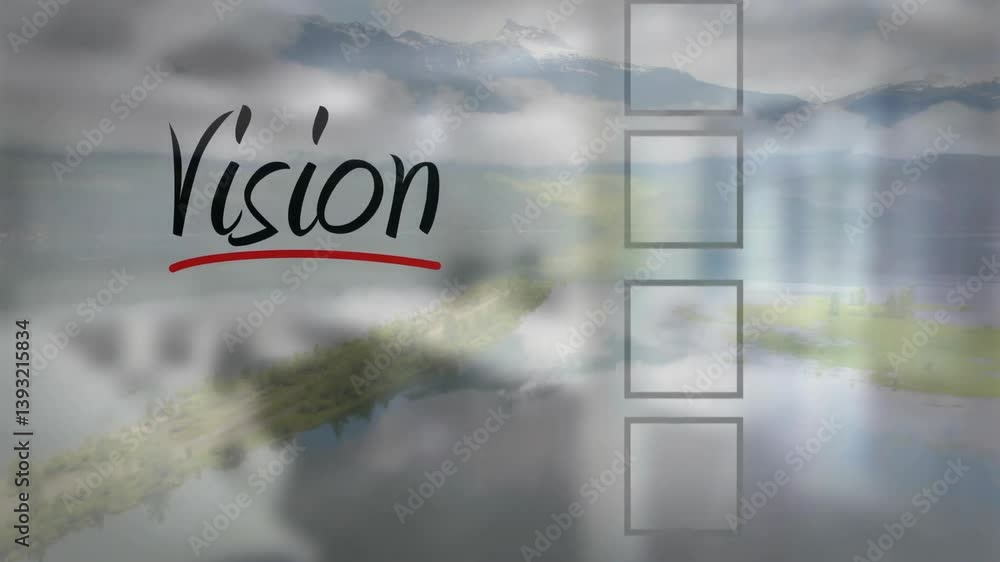 Poster animation of misty mountain and lake landscape with vision text and checkboxes