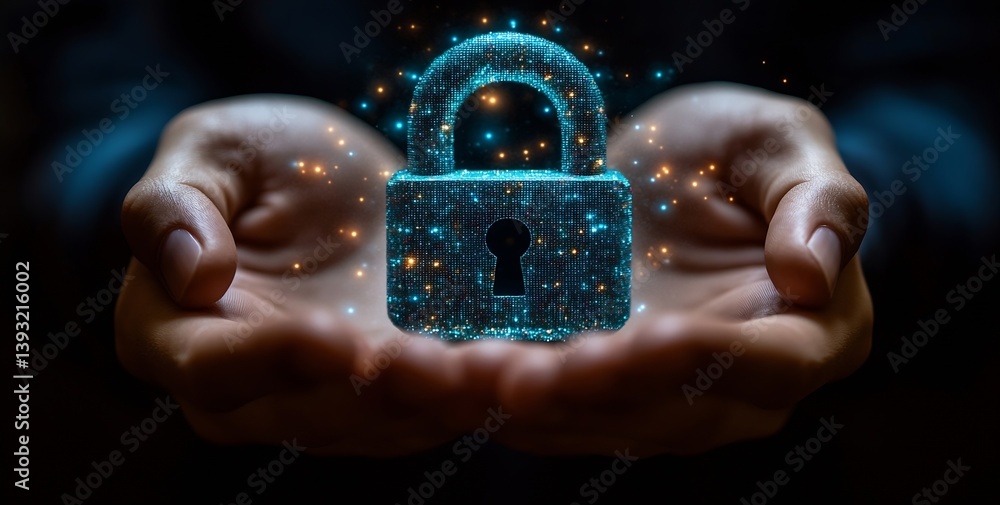 Poster Digital Security Lock in Hands Conceptualizing Data Protection Cybersecurity and Privacy in a Futuristic Manner with Sparks : Generative AI