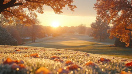 Autumnal golf course sunrise, frost-covered