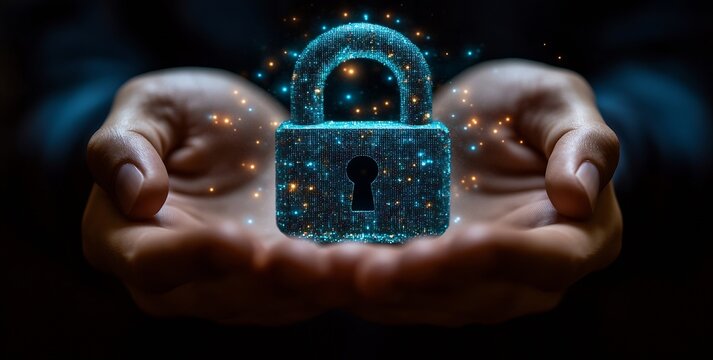 Digital Security Lock in Hands Conceptualizing Data Protection Cybersecurity and Privacy in a Futuristic Manner with Sparks : Generative AI