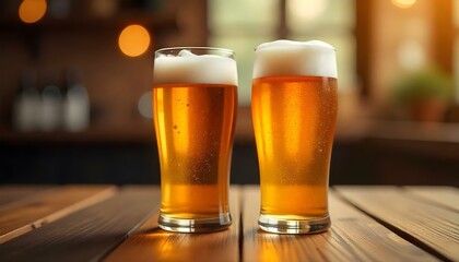 Two glasses of beer with foam on a wooden table, bokeh effect, soft diffused lighting, golden ratio, smooth textures