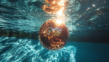 A disco ball submerged underwater with light shining brightly down