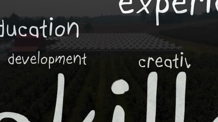 Solar panels overlaying farm landscape with words like career and creative animation