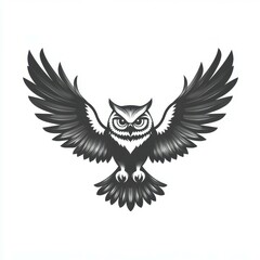 Obraz premium Intricate black and white illustration of an owl in flight with outstretched wings designed for a striking visual effect