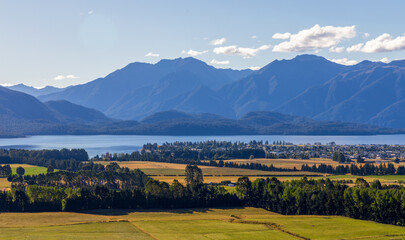 Scenic aerial view of Lake Te Anau and Te Anau town from Te Anau Lions Lookout Point, South Island, New Zealand
