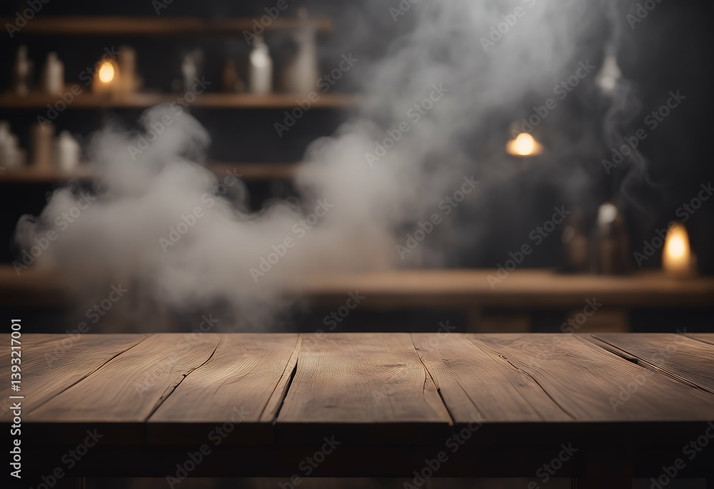 Poster background dark products float smoke empty wall wooden studio your display used table grey tabletop 