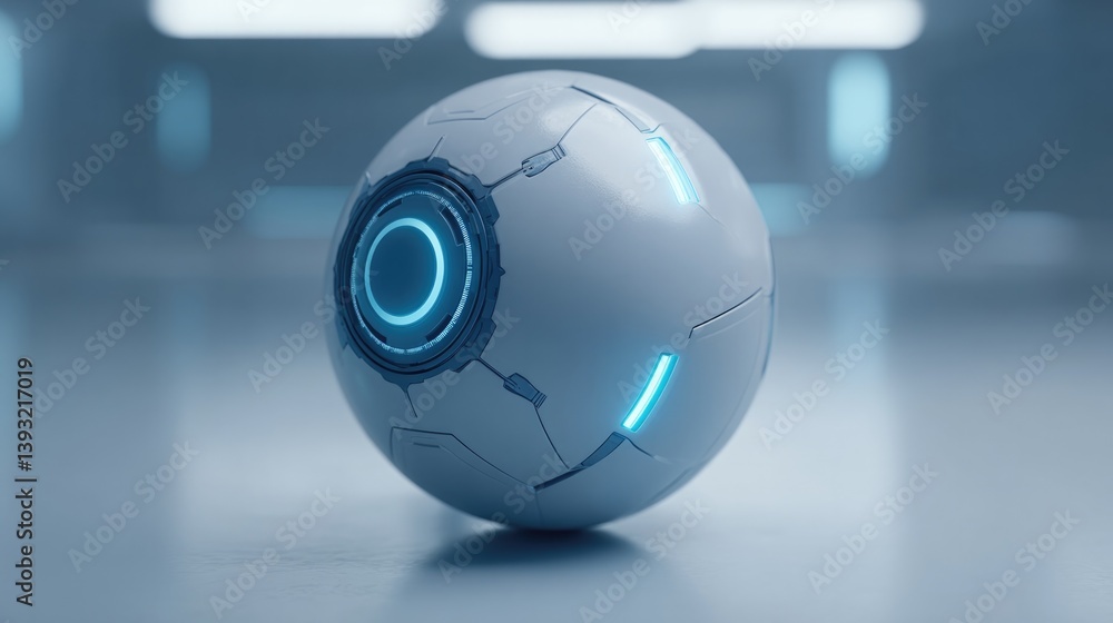 Poster spherical ai device with sleek panels and glowing blue interfaces floating effortlessly in futuristi