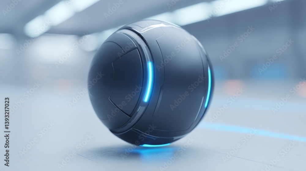 Poster spherical ai device with sleek panels and glowing blue interfaces floating effortlessly in futuristi