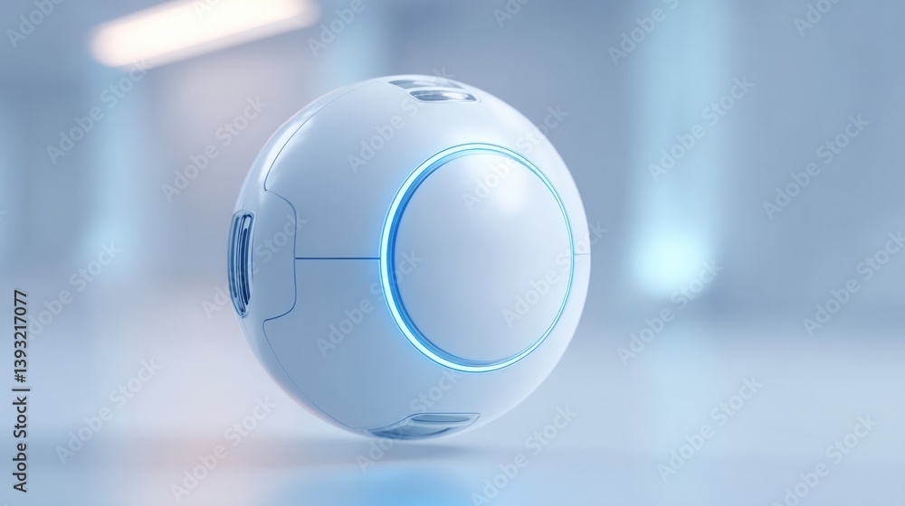 Aufkleber spherical ai device with sleek panels and glowing blue interfaces floating effortlessly in futuristi