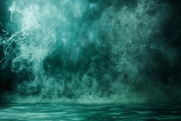 Eerie Smoke Cloud Turquoise Smoke in a Dark Room with Foggy Atmosphere Dramatic Lighting and Moody Background Stage Effect : Generative AI