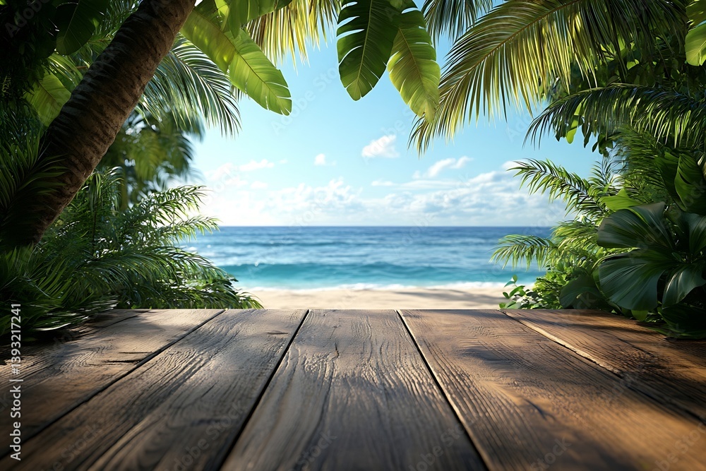 Fototapete tropical paradise view with wooden deck palm trees and ocean backdrop for relaxation and vacation vi