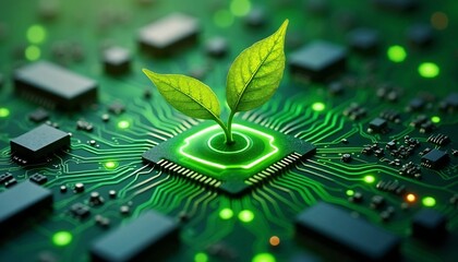 Green Plant Growing from Computer Chip with Glowing Circuitry Representing Eco-Friendly Technology and Sustainable Innovation
