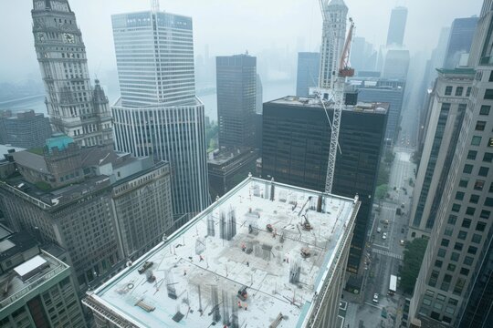 Construction workers build high-rise structure in dense fog over city skyline