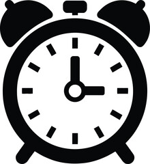 Black and White Vector PNG Illustration of an Analog Alarm Clock Silhouette Displaying 10:10 with Traditional Bells and a Center Button.