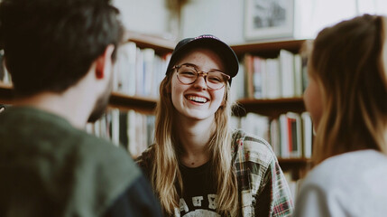 Young adults engaging in a lively conversation in a cozy library filled with books
