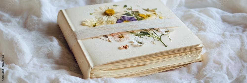 Poster cream-colored journal with pressed flowers and soft lighting for creative inspirations in a serene s