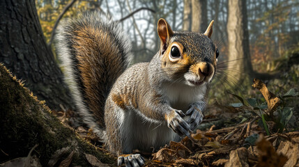 Naklejka premium squirrel going out on a branch. it's very scary. it looks like it might fall