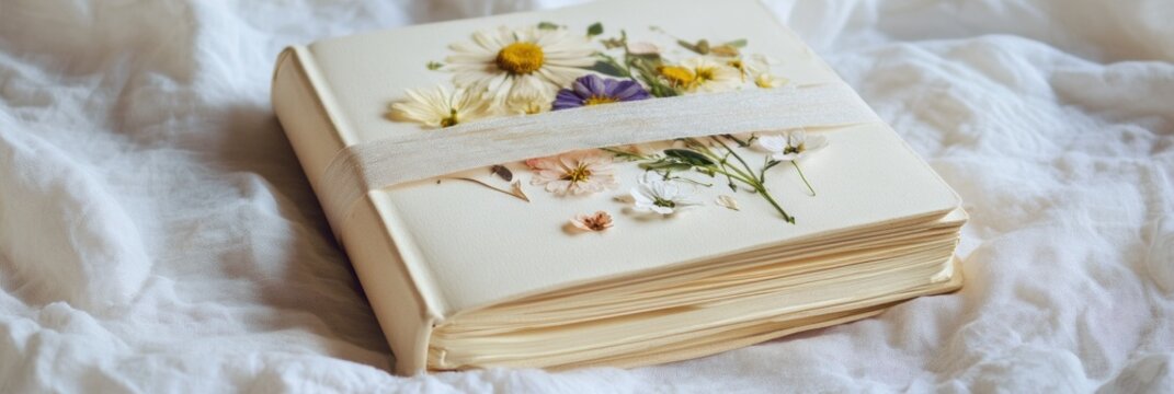 Cream-colored journal with pressed flowers and soft lighting for creative inspirations in a serene setting