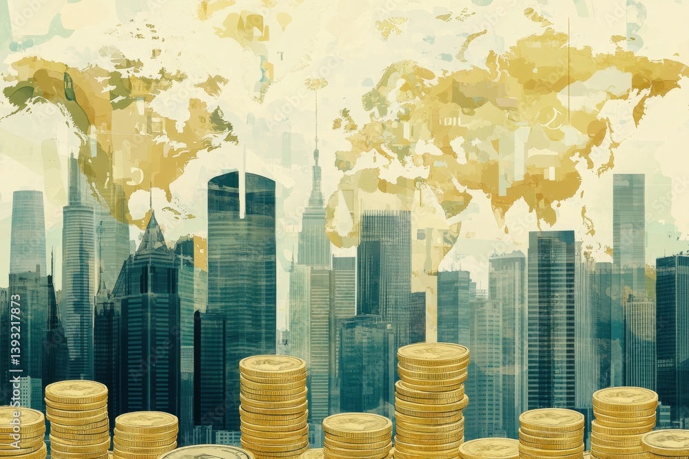Poster a world map with global financial connections, featuring stacks of coins and skyscrapers in the back