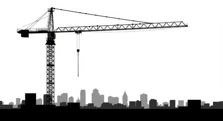 Silhouette of a tower crane against a city skyline under construction, simple aesthetic