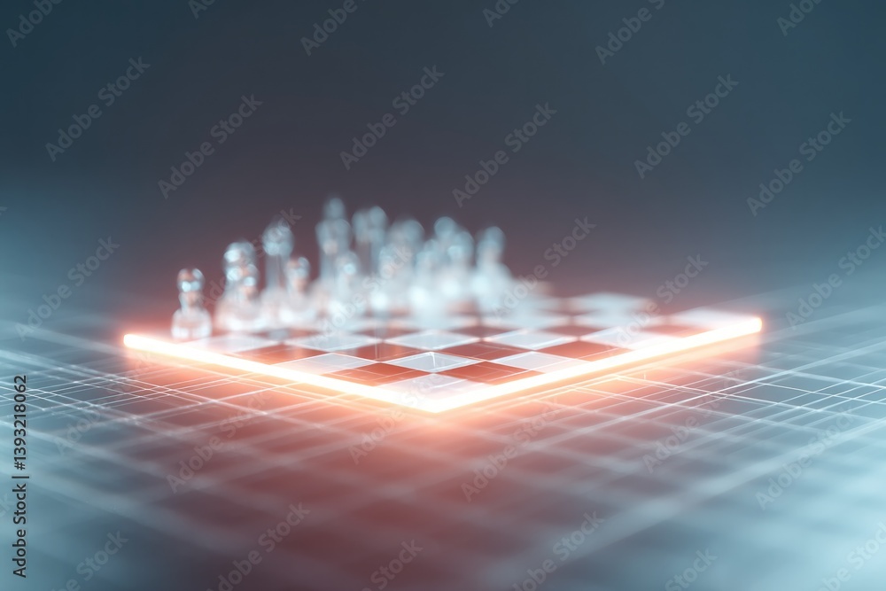 Poster surreal rendering of glowing chessboard floating in digital grid with soft light effects and generou