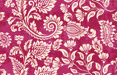 floral pattern vintage ethnic modern embroidery texture boho design vector illustration hand drawn pink flower motif branches leaves wallpaper seamless background border. © Thitichot