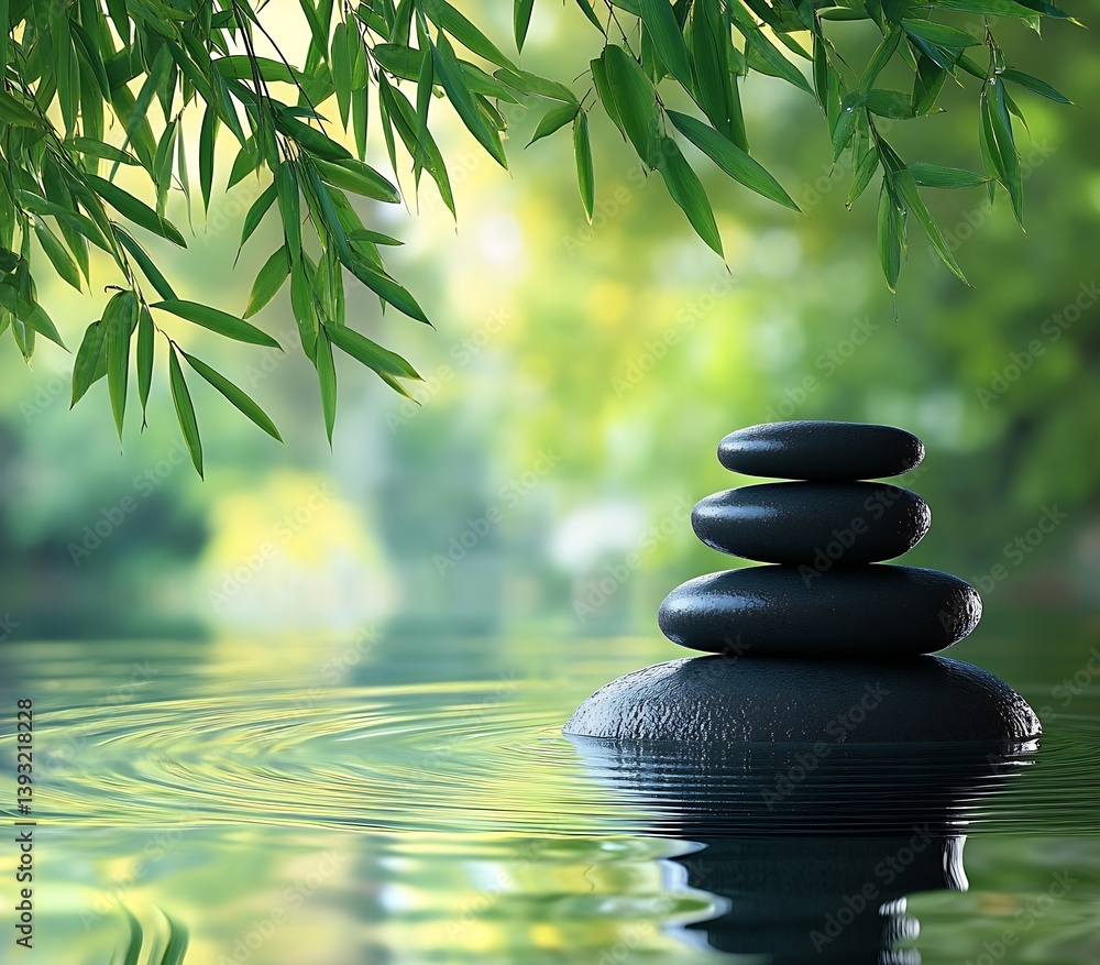 Poster Zen stones stacked on water creating ripples for calm meditation and mindfulness in serene nature setting peace and balance : Generative AI