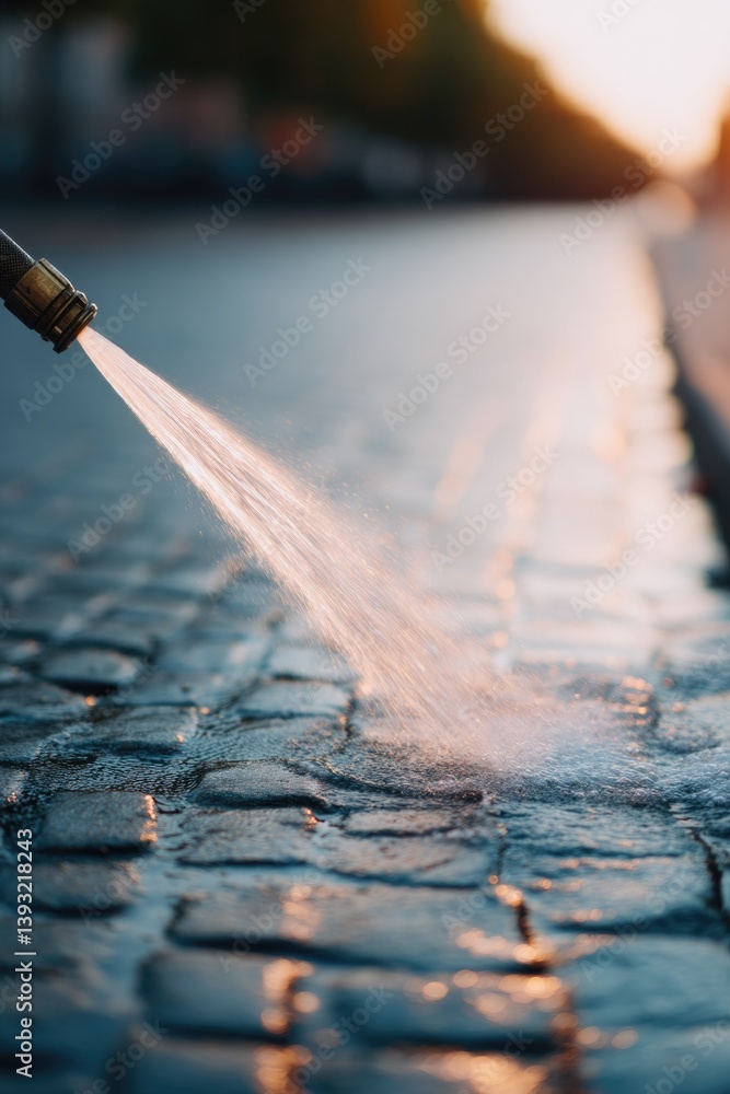 Poster sweeping motion of water from hose cleaning cobblestone street creating reflections under soft light