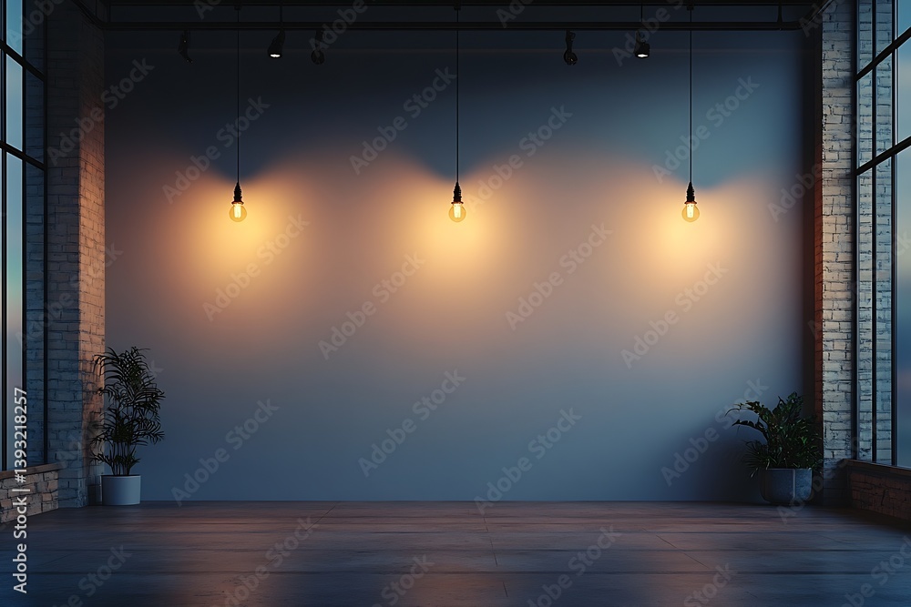 Poster Modern Empty Office Interior with Hanging Lights and Plants for Creative Workspace Design and Architecture : Generative AI