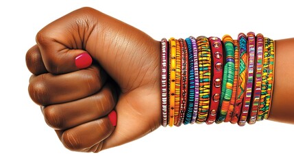 Close-up of a woman's fist adorned with a stack of colorful bangles.  The hand is dark-skinned and nails are painted red. The image evokes strength and cultural pride.