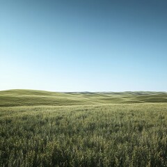 Obraz premium image of a vast prairie with gently rolling hills under a clear blue sky isolated on a minimalistic background endless grasslands with soft undulations and a limitless clear sky
