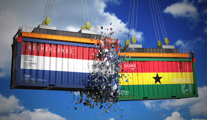 Cargo containers with flags of Netherlands and Ghana - 3D illustration