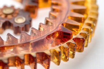 Intricate amber gears interlock, showcasing precise mechanics and detailed craftsmanship.