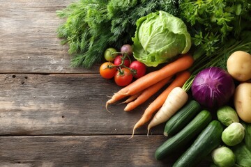 variety of vibrant organic vegetables and fruits spread across rustic wooden table their colors bursting in natural