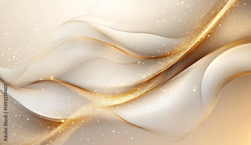 Poster captivating abstract flowing background featuring soft white and gold waves with delicate sparkles :