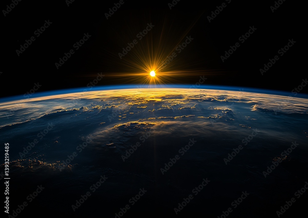 Poster Majestic Capture of the Earth Displaying Sunlight with Clouds and Heavenly Features from Space : Generative AI