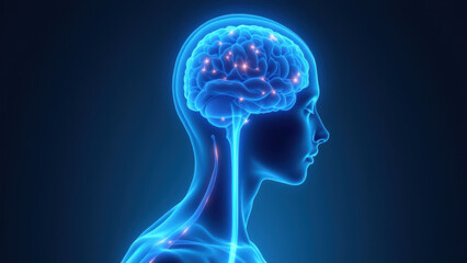Obraz premium 3D rendering of human head with highlighted VNS (Vagus Nerve Stimulation) pathway for medical purposes.