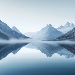 image of a serene mountain lake shrouded in morning mist isolated on a plain background calm water reflecting surrounding peaks and soft mist 