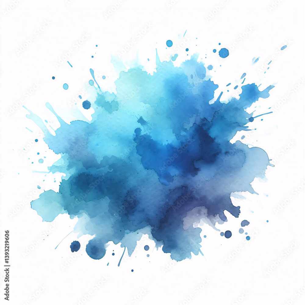 Poster a vibrant splash of blue watercolor paint with varying shades and splatters, creating an abstract an