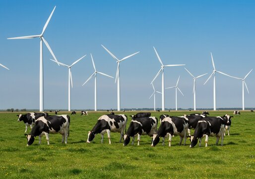 Wind turbines stand tall above a herd of cows grazing in a lush, green pasture - Powered by Adobe