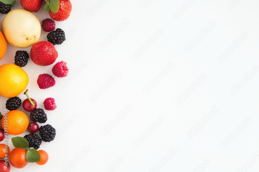 Poster vibrant array of fresh colorful fruits and berries artistically arranged on pristine white backgroun