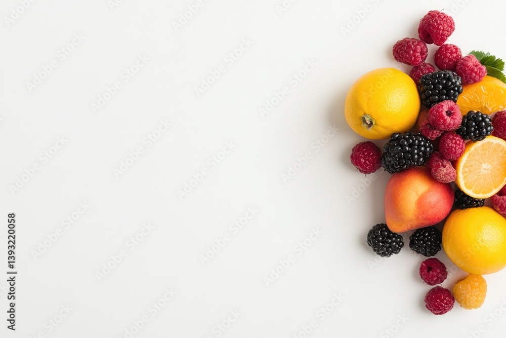 Poster vibrant array of fresh colorful fruits and berries artistically arranged on pristine white backgroun