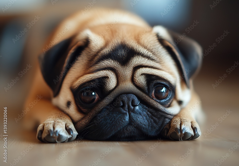 Poster closeup of a cute pug laying on the floor with big innocent eyes showing curiosity and charm : gener