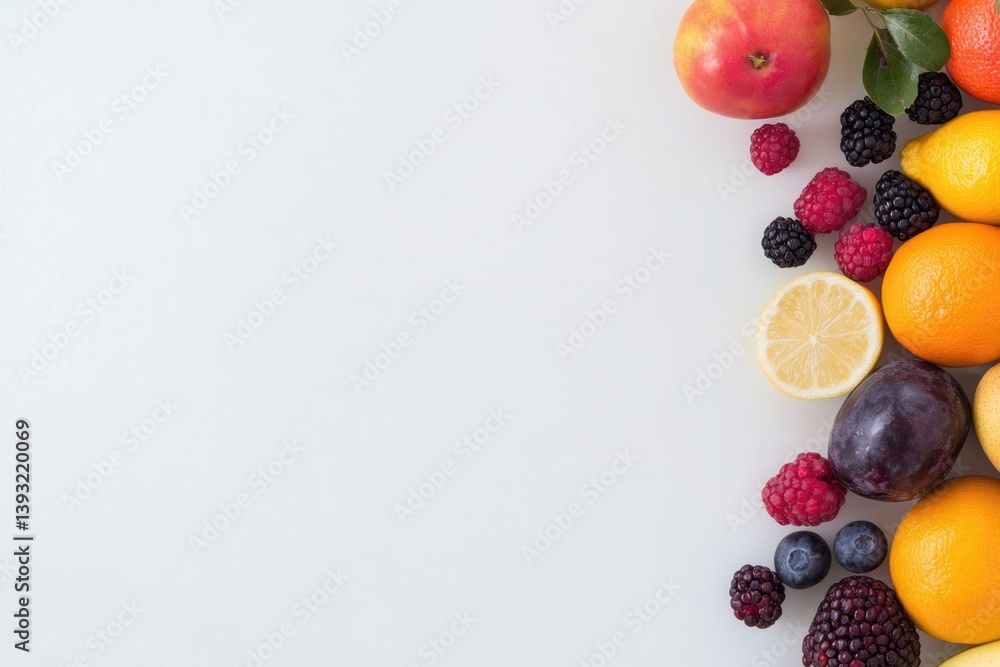 Poster vibrant array of fresh colorful fruits and berries artistically arranged on pristine white backgroun