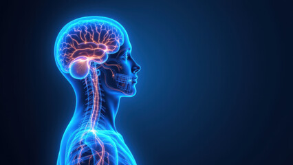 Anatomical illustration of a human head and neck with the nervous system highlighted, focusing on VNS (Vagus Nerve Stimulation).